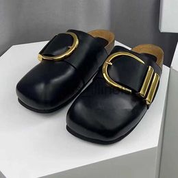 Slippers Summer Metal Bread Head Design Flat Half Slipper Women Closed Toe Baotou Thick Sole Genuine Leather Outdoor Leisure Slipper J230614