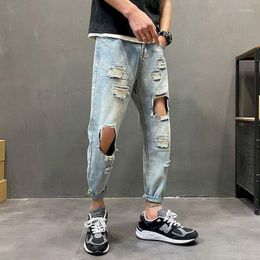 Men's Jeans Foufurieux Knife Cut Hole Mens High Street Ripped Men Women Fashion Loose Straight Hip Hop Trousers