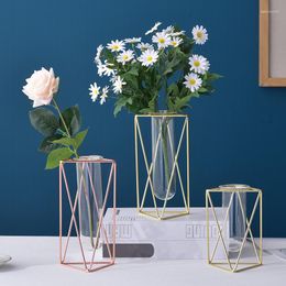 Vases 1Pc Modern Geometric Iron Glass Vase Hollow Out Flower Arrangement Hydroponic Pot Home Decor