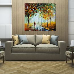 Stunning Landscape Canvas Art Fall Love Hand Painted Urban Streets Painting Lobby Decor