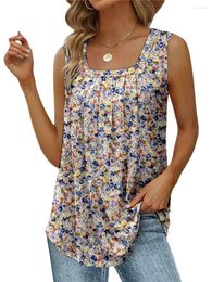 Women's T Shirts Women Summer Casual Floral Short Tank Tops Square Neck Sleeveless Loose Fit Pleated Shirt Tunics Tee Daily (Style 2-130225