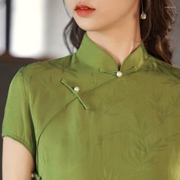 Ethnic Clothing Vintage Slim Retro Party Oriental Short Sleeve Qipao Chinese Traditional Woman Ancient Green Solid Cheongsam
