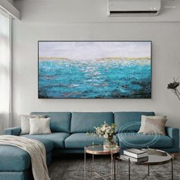 Pinturas desenhadas à mão Pintura a óleo pintura azul do mar do mar azul sala de estar sofá fundo de decoração de parede salão abstrato de luxo horizontal mural