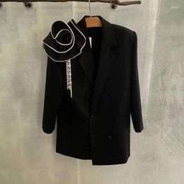 Women's Suits 2023 Spring Diamond Chain Three-Dimensional Rose Blazers Chic Design High-End Elegant Black Long Sleeve Suit Jacket Woman