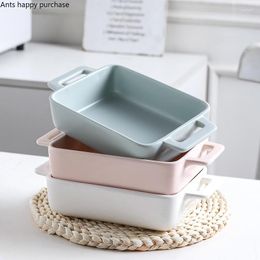 Plates Binaural Rectangular Ceramic Plate Oven Dedicated Bakeware Dinner Decorative Tableware Baking Bowl Dish Fruit Salad