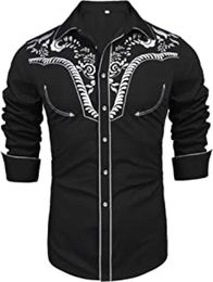 Men's Casual Shirts Western Cowboy Shirts Men Long Sleeve Embroidered Shirts Spring Autumn Slim Fit Casual Button Down Black White Shirt Male 230613