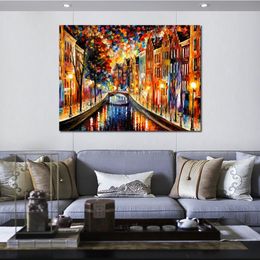 Colourful Textured Canvas Art Amsterdam Night Canal Hand Painted Abstract Artwork Urban Landscape High Quality