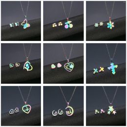 Necklace Earrings Set Colourful Flower Butterfly Pendant For Women Simple Stainless Steel Hollow Out Fashion Jewellery Gifts