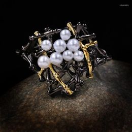 Cluster Rings Luxury Silver Color Freshwater Baroque Pearl For Women Vintage Branches Black Gold Cocktail Italy Jewelry