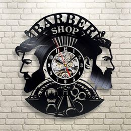 Decorative Objects Figurines Barber Shop Wall Clock Modern Barbershop Decoration Vinyl Record Hanging Hairdresser Watch for Salon 230613