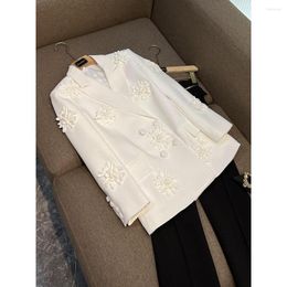 Women's Suits Fashion Three-dimensional Flower Double-breasted Blazers Designed Floral Buttons Women White Coat