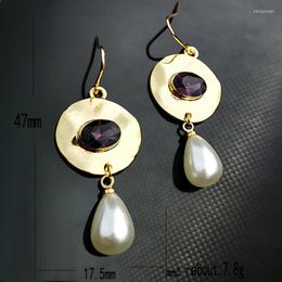 Necklace Earrings Set Fashion Vintage Gold Color Simulated Pearl Earring Purple Crystal Disc Pendant Dangle For Women Elegant Boho Jewelry