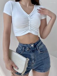 Women's T Shirts 2023 Summer Casual Female Short-sleeved V-neck Button-up Pleated T-shirt Top