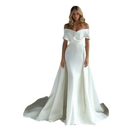 Satin Mermaid Wedding Dress With Detachable Train Off Shoulder Floor Length Bride Dresses Vestido De Noiva