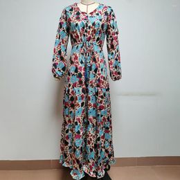 Casual Dresses V-Neck Long Sleeve Maxi Dress Drawstring High Waist Beach Ankle Length Bohemia Print Ruffle Large Hem