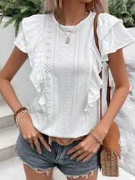 Women's Blouses White Ruffled Tops Women Casual Chic T Shirts Female Hollow Out Short Sleeve Summer Ladies O-Neck Thin