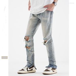 Men's Jeans Men's Light Blue Men's High Street Ripped Pants 2023 Summer Tide Brand Loose Straight Retro Hip Hop Wash Designer