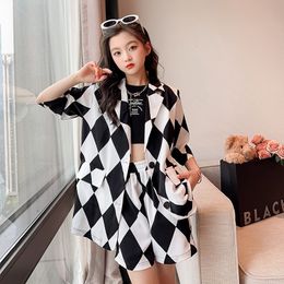 Clothing Sets Girls Blazer Set Summer Thin Plaid Jacket Shorts 2pcs Groups Elegant Child Wedding Suit Fashion Casual School Teen Kids Clothes 230613