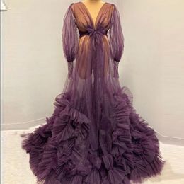 Purple Tulle Maternity Prom Dresses Long Sleeve Ruffles Ball Gown Bride Robes Custom Made Pregnant Woman Photography Dress