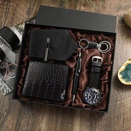 Wristwatches Fashion Watch Men Luxury Gifts Set Men's Quatrz Wristwatch Top Quality Folding Wallet Tie Keychain Ballpoint Pen For Father