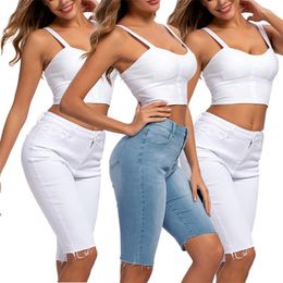 Women's Shorts Womens Summer Denim High Waist Slim Long White And Blue Ladies Casual Skinny Knee Length Jeans