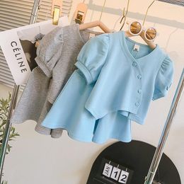 Clothing Sets Summer Child Clothes Short Sleeve O Neck Single Breasted Grey Skirts 2 Piece Designer Girls 12M-5T