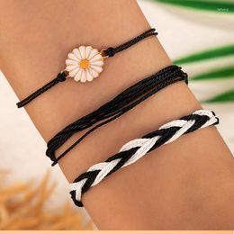 Charm Bracelets Bohemian Black Colour Cord Bracelet Set For Women Creative Flower Multilayer Adjustable Rope Bangle Beach Jewellery Gift