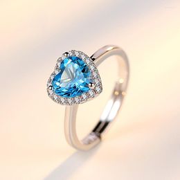 Cluster Rings Love Shaped Earrings Silver Plated Living Ring Female Blue Topaz Pendant Sun-blue Crystal Open