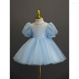 Girl Dresses 2-10Y Kids Simple Flower Dress Blue Bow Tulle Puff Sleeve Ball Gown O-Neck Knee-Length Training Performance