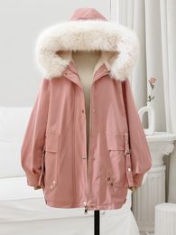 Women's Trench Coats Pink Parkas Cotton Coat For Women Big Fur Collar Padded Jackets Sweet Warm Female Winter Wool Liner Jacket Chic Hooded