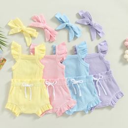 Clothing Sets 0-18M Summer Lovely Toddler Baby Girls Boys Clothes Sets Solid Knit Ruffles Sleeve Bodysuit Romper Tops Shorts 2pcs Clothes 230613