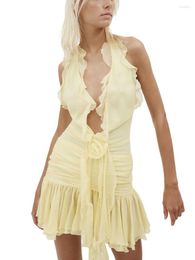 Casual Dresses Women Sleeveless Halterneck Dress Summer Ruffled Flower Ruched Cocktail Party With Tassels For Club Streetwear