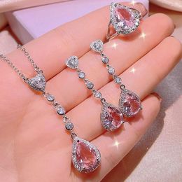 Necklace Earrings Set Fashion Pink Zircon Gemstone Pendant Neckalces For Women Romantic Three Pieces Jewellery Colourful Exquisite Elegant