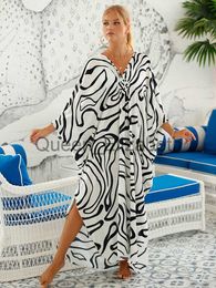 Casual Dresses 2023 Sexy Zebra Striped Bikini Cover-ups Casual V-neck Side Split Summer Beach Dress Women Beach Wear Swim Suit Cover Up Q1297 J230625