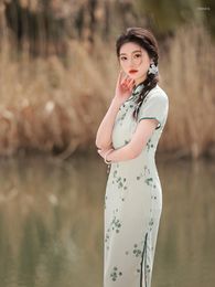 Ethnic Clothing Fashion Green Print Mandarin Collar Cheongsam Chinese Classic Women's Short Sleeve High Split Qipao