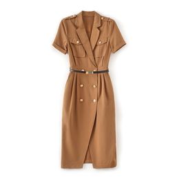 2023 Summer Khaki Solid Color Dress Short Sleeve Lapel Neck Sequins Knee-Length Casual Dresses W3L041107