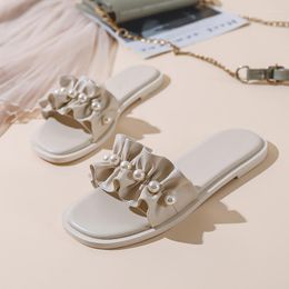 Slippers String Bead Low Casual Female Shoes Slides Big Size Luxury Rubber 2023 Flat Hoof Heels Basic PU Fabric Woman