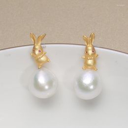 Stud Earrings Handmade Natural Fresh Water Drops Baroque Pearl 12-15mm Cute Gold 925 Sterling Silver Year Gift EAR