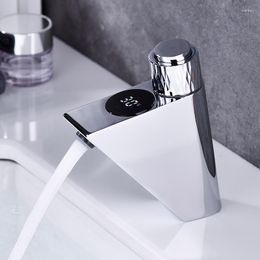 Bathroom Sink Faucets LCD Digital Display Basin Faucet Thermostatic Creative Wash Tap Black/Chrome Brass Deck Mount Button