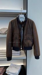 Womens Jackets Brunello Autumn and Winter Cucinelli Goatskin Casual Coffee Stitching Collar Leather Jacket Coat