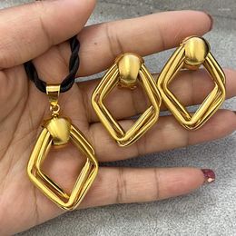 Necklace Earrings Set Geometric Design For Women Pendant Gold Color Dubai Jewelry With Black Rope Ethiopian Anniversary Gifts