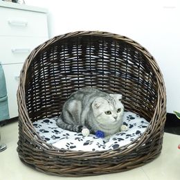 Cat Beds Rattan Nest Summer Kennel Wicker House Villa Small Dog Four Seasons Universal Removable And Washable