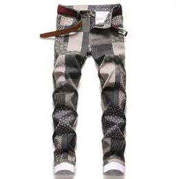 Men's Jeans Denim Mens Pant Colorful Personalized Fashion Print Patchwork Plaid Elastic Small Straight Tube Street For Men