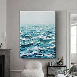 Pinturas exclusivas pintadas à mão azul claro acrílico mar mural sala de estar quarto decoração pintura a óleo arte da parede luxo pendurado imagem em tela