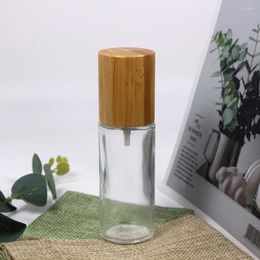 Storage Bottles 50ml Bamboo Transparent Cylindrical Glass Lotion And Spray Bottle For Cosmetics