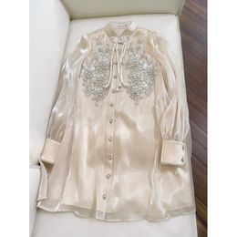 2023 Summer Champagne Solid Colour Beaded Dress Long Sleeve Stand Collar Sequins Single-Breasted Mini Casual Dresses J3L127729