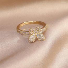 Cluster Rings Korean 14K Real Gold-plated Exquisite Small Butterfly CZ Ring Applies To Women Daily Adjustable Open Design Paving Jewellery