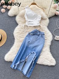 Two Piece Dress Summer Women 2 Set Sexy One Shoulder Crop Top High Waist Button up Denim Skirts Korean Office Lady Sleeveless Suits 230614