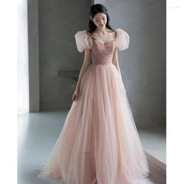 Ethnic Clothing Pink Sexy Puff Sleeve Back Bandage Chiffon A-Line Evening Dresses Women Formal Bride Party Gown Vestidos