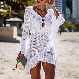 Urban Sexy Dresses Beach Cover Up Crochet Knitted Tassel Hollow Out Women Flared Sleeves Sexy See-through Beach Dress Swimwear Cover Up 230614